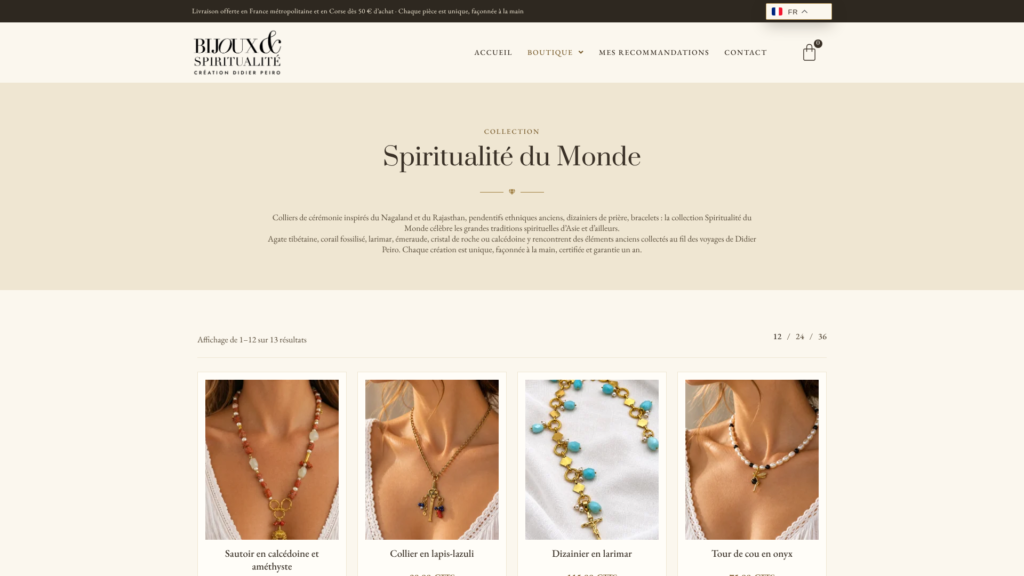 Page collection de la boutique e-commerce Bijoux et Spiritualité créée par Toledid