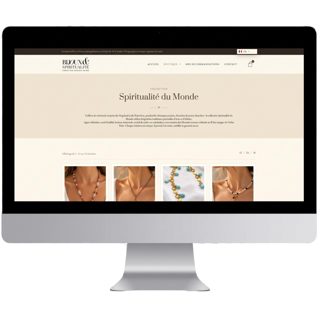Boutique en ligne Bijoux et Spiritualité créée par Toledid, affichée sur un écran d'ordinateur